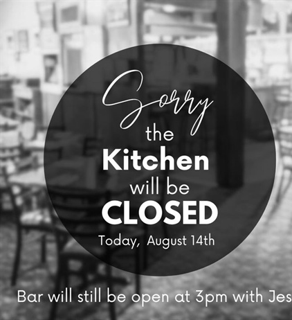 We’re giving our kitchen and wait staff a break today! Bar will be open at 3pm with Jess!! 🍻