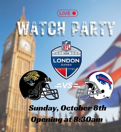 Another Sunday Funday 1pm game this weekend for the Bills! 

Mark your calendars for the following Sunday. We will be open at 8:30am for the London game. Carly will be behind the bar. 
Drink and Breakfast specials 
will be available. 

the fvi.com
585-388-0112
