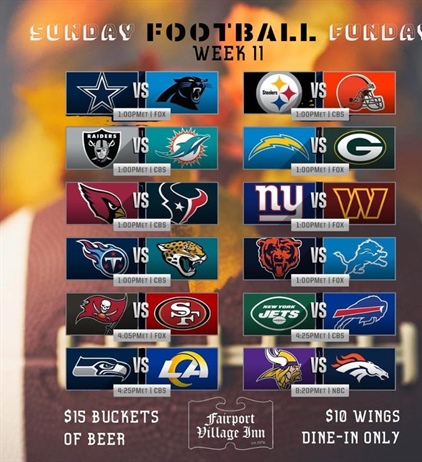 🏈 Perfect Football Day! 🏈 
Early Steelers game, then 4 o’clock Bills game, Wings and Beer specials! 🙌🏻

Let’s Goooooo!!