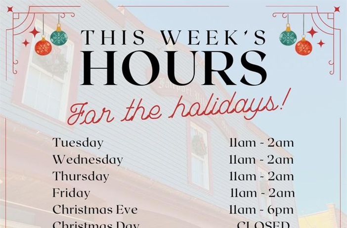 We’re almost there! Relax and unwind, grab a bite, a Holiday cocktail, beer or all of the above. Please note the hours this week. 

…………………………………………………………………
#thefairportvillageinn #eatlocal #supportlocalbusiness #smallbusinessowner #fvi #fairportvillageinn #FVI #shoplocal #supportlocal #supportsmallbusiness #Fairport #FairportNY #SupportSmallBusiness