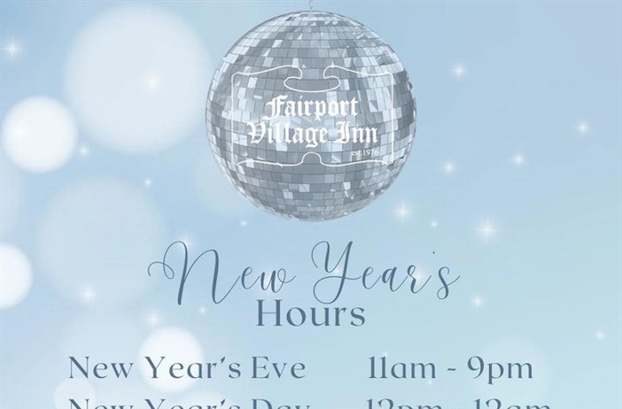 Need dinner plans for New Year’s Eve? Let us take care of you. 

#thefairportvillageinn #eatlocal #supportlocalbusiness #smallbusinessowner #fvi #fairportvillageinn #FVI #supportlocal #supportsmallbusiness #FairportNY #SupportSmallBusiness