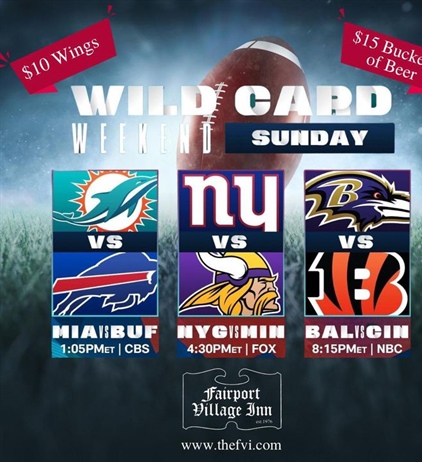 Sunday Funday with Kenny B all day!! Come watch the games, eat some wings and drink some beers (maybe the bucket of fun will make an appearance)!  Let’s go Buffalo!! 

#thefairportvillageinn #eatlocal #supportlocalbusiness #smallbusinessowner #fvi #fairportvillageinn #FVI #sundayfunday #BillsMafia #thefvi #supportlocal #supportsmallbusiness #BuffaloBills #buffalobills #Fairport #SupportSmallBusiness
