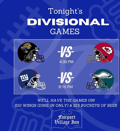 🏈 Divisional Weekend!! Come enjoy the games with us tonight!!  

#thefairportvillageinn #eatlocal #supportlocalbusiness #smallbusinessowner #fvi #fairportvillageinn #FVI #thefvi #supportlocal #supportsmallbusiness #FairportNY #SupportSmallBusiness