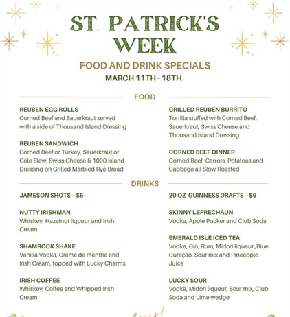 🍀Happy St. Patrick’s Week🍀
Starting today and going through to next Saturday the 18th we will be having all the Irish Corned Beef options for you.  Plus some fabulous drinks! 
Come get your Shenanigans on! 💚🍹🍻
