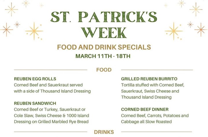 🍀Happy St. Patrick’s Week🍀
Starting today and going through to next Saturday the 18th we will be having all the Irish Corned Beef options for you.  Plus some fabulous drinks! 
Come get your Shenanigans on! 💚🍹🍻
