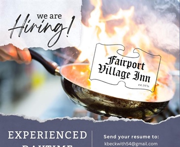 🌟 Join Our Team! 🌟

Are you passionate about cooking and creating delicious dishes? We're looking for a talented daytime cook to join our team!

🧑🏻‍🍳 Position: Experienced Cook
🕒 Hours:  7am - 3pm; Tuesday thru Saturday 
💼 Location: 103 N. Main St; Fairport

🔥 Responsibilities:
- Prepare and cook menu items with precision and care
- Maintain a clean and organized kitchen environment
- Collaborate with the kitchen team to ensure efficient operations

🌟 Requirements:
- Strong knowledge of food safety practices
- Ability to work in a fast-paced environment
- Positive attitude and a team player

💰 We offer competitive wages and a supportive work environment!

📧 To apply, please send your resume to kbeckwith54@gmail.com or drop by in person. We look forward to meeting you!

🫵🏻 Know