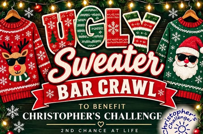 Come join Christopher’s Challenge on December 5 for an Ugly Sweater Bar Crawl around Fairport!